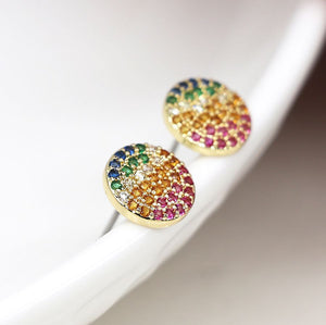 Faux gold disc stud earrings with rainbow gradient crystals 4143