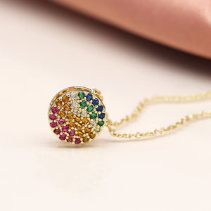 Faux gold disc necklace with rainbow gradient crystals 4144