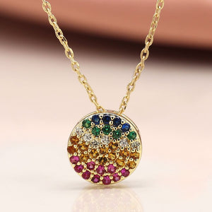 Faux gold disc necklace with rainbow gradient crystals 4144