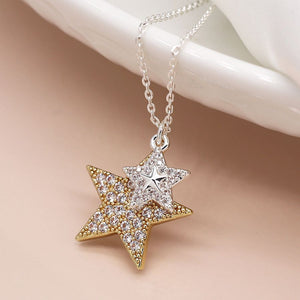 Faux gold and silver plated double crystal inset star necklace 4149