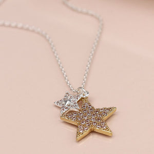 Faux gold and silver plated double crystal inset star necklace 4149