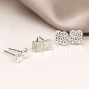 Silver plated triple quatrefoil stud set with crystal and shell 4167