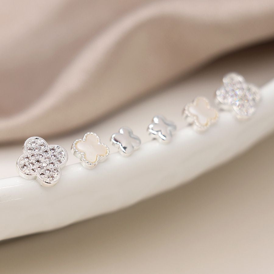 Silver plated triple quatrefoil stud set with crystal and shell 4167