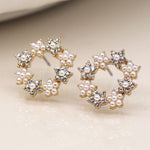 Faux gold floral circle stud earrings with crystals and pearls 4169