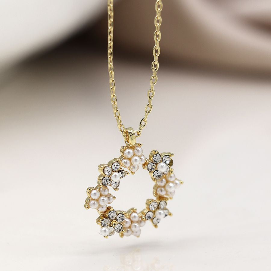 Faux gold floral circle necklace with crystals and pearls 4170