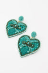TURQUOISE BLUE EMBELLISHED HEART EARRINGS