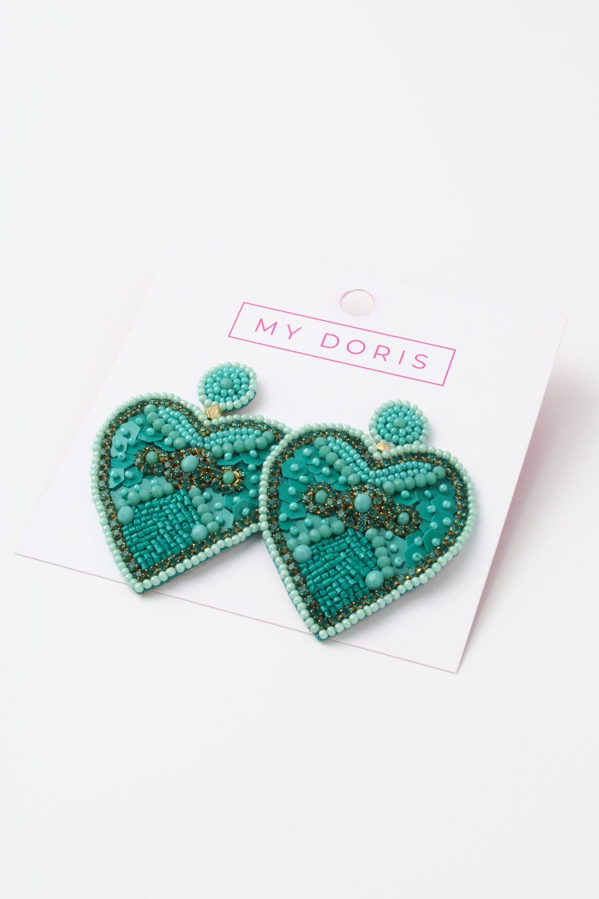 TURQUOISE BLUE EMBELLISHED HEART EARRINGS