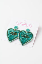 TURQUOISE BLUE EMBELLISHED HEART EARRINGS