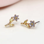 Faux gold flower stem crystal earrings 4321