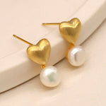 Golden brushed heart and pearl stud earrings 4380