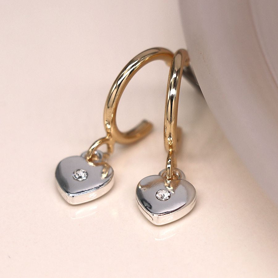 Golden open hoop and silver crystal heart earrings 3900