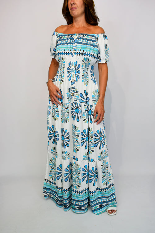 Aztec Border Leaf Print Button Maxi Dress