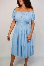 Denim Look Bardot Button Midi Dress