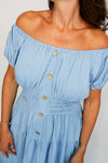 Denim Look Bardot Button Midi Dress