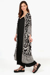 Ikat Print Long Kimono Robe with Waist Belt in Black