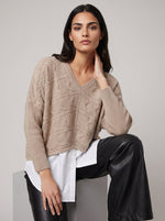 Beige Cable Knit Jumper with Shirt Hem