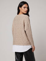 Beige Cable Knit Jumper with Shirt Hem
