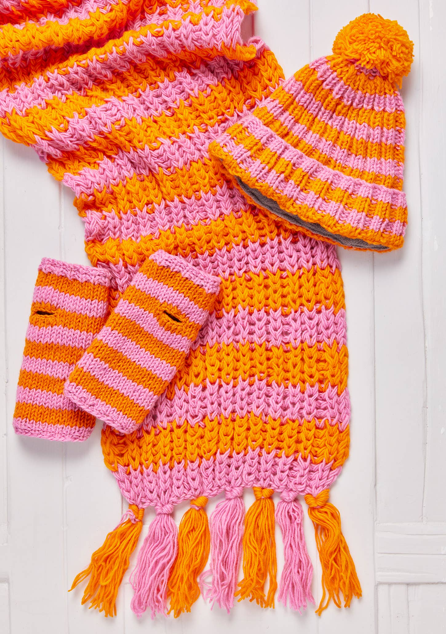 Pink Stripe Hand Knitted Handwarmers, fleece lined