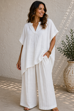 Crinkle Cotton V-Neck Relaxed Oversized Top: White