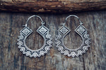 Floral Boho Hoops, Silver Plated Brass Hoop Earrings, Ethnic Statement Earrings, Lightweight Artisan Jeweller, Gift for Her