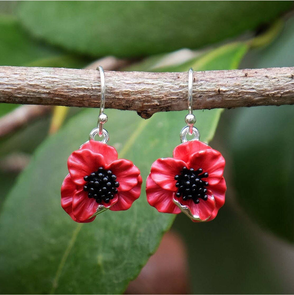 Poppy Red Flower Drop Hook Earrings