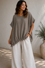Crinkle Cotton Frilled Hem Relaxed Top: Taupe