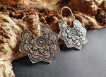 Large Mandala Flower Silver Earrings; Silver Ear Weights Boho Ethnic Rustic Indian Festival Psy Gypsy Spiral Hippie style