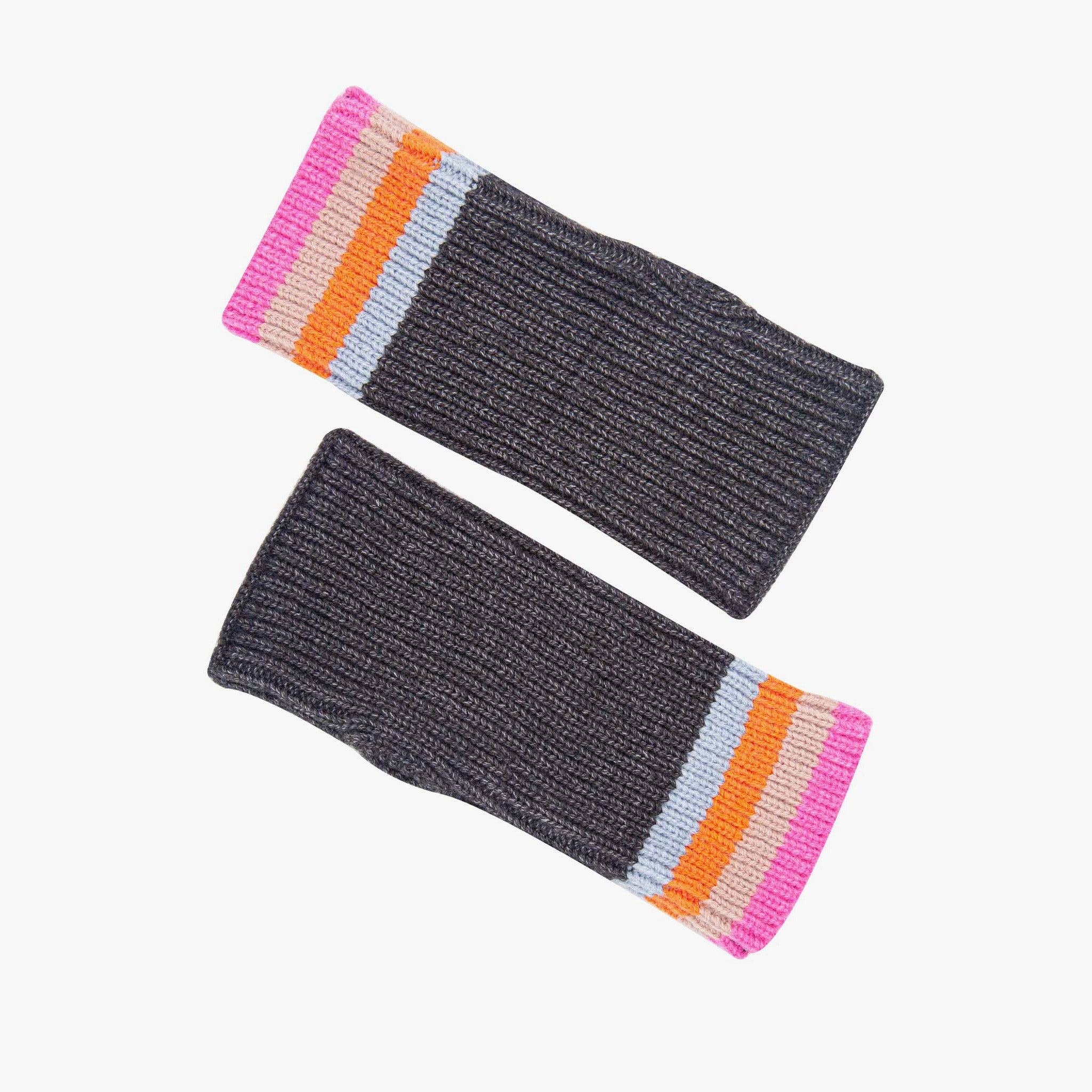 Dollie Wrist Warmers- Dark Grey, Rainbow Stripe: One-size