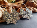 Large Mandala Flower Silver Earrings; Silver Ear Weights Boho Ethnic Rustic Indian Festival Psy Gypsy Spiral Hippie style