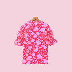 Split V Neck Ruffled Short Sleeve Blouse Top: Floral / XL
