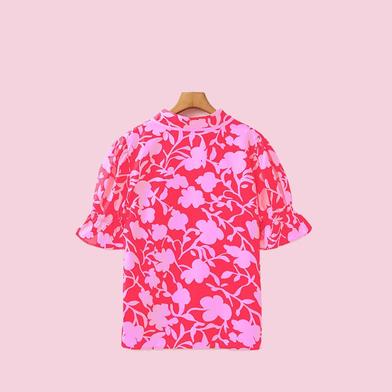 Split V Neck Ruffled Short Sleeve Blouse Top: Floral / L