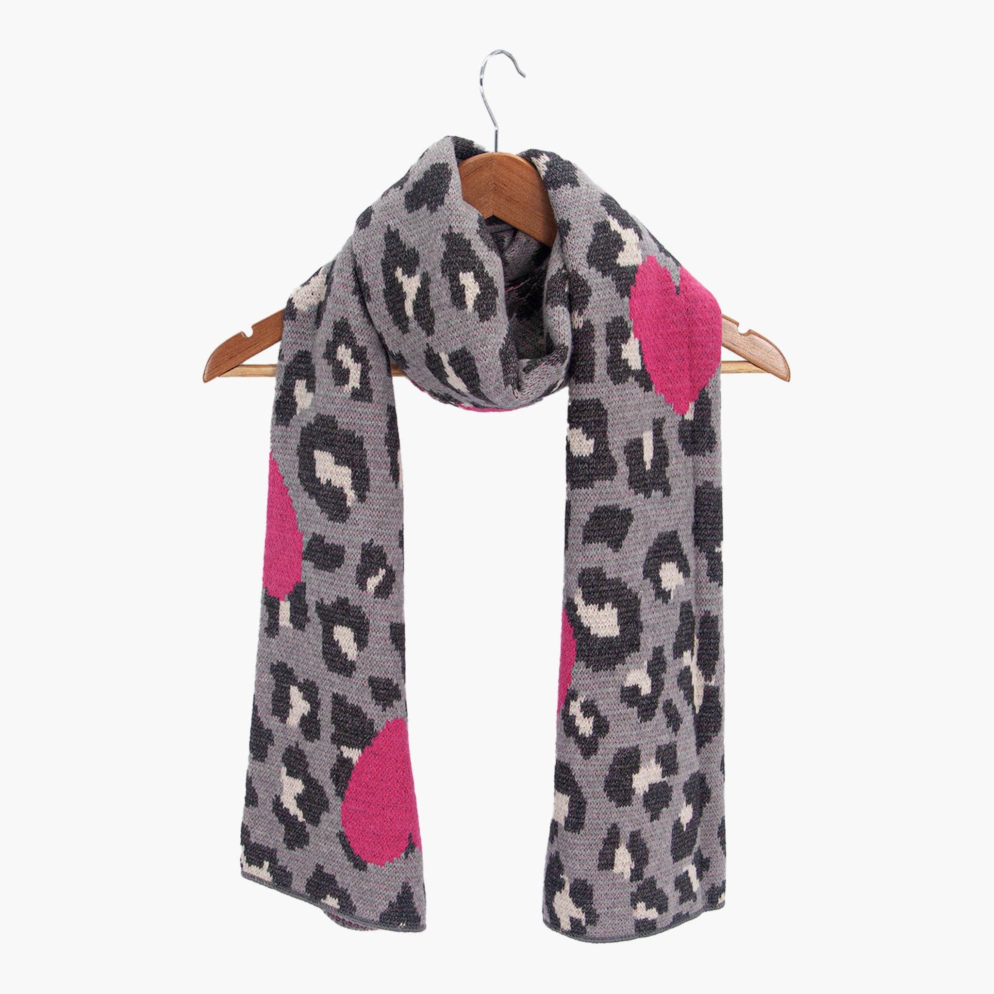 Wylda Grey Leopard and Hearts Heavyweight Scarf: One-size