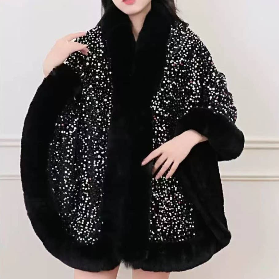 Elegant Sequin Cape Wrap with Plush Faux Fur PE400: Navy