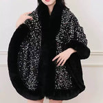 Elegant Sequin Cape Wrap with Plush Faux Fur PE400: Navy