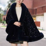 Elegant Sequin Cape Wrap with Plush Faux Fur PE400: Navy