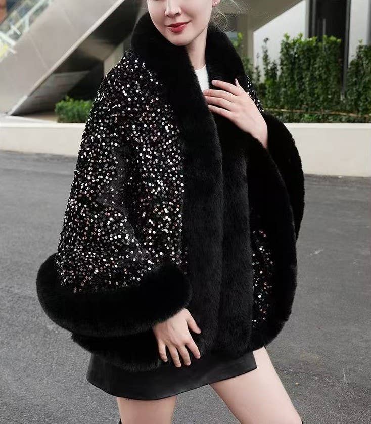 Elegant Sequin Cape Wrap with Plush Faux Fur PE400: Navy