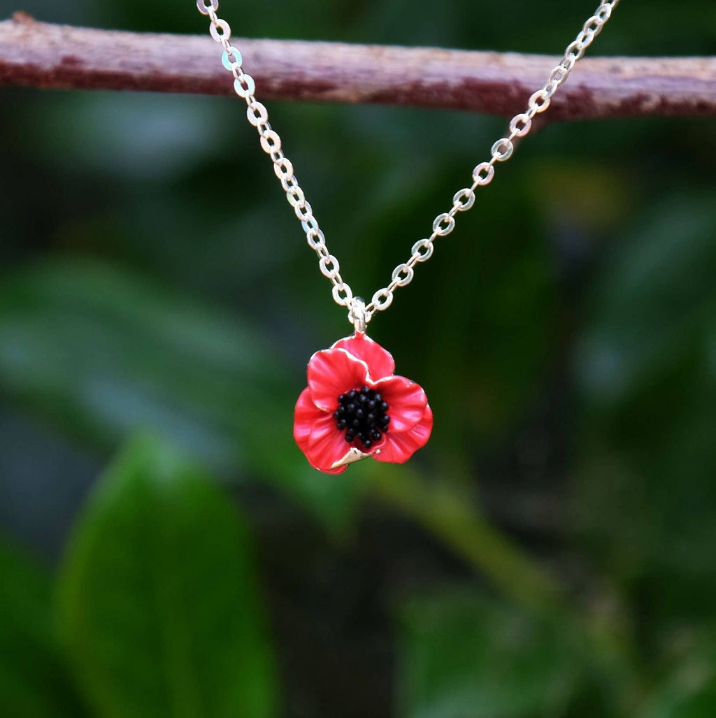 Poppy Red Flower Pendant Necklace,