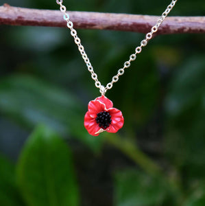 Poppy Red Flower Pendant Necklace,