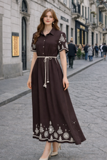 Linen Blend Embroidered Collared Midi Dress with Waist Tie: Coffee