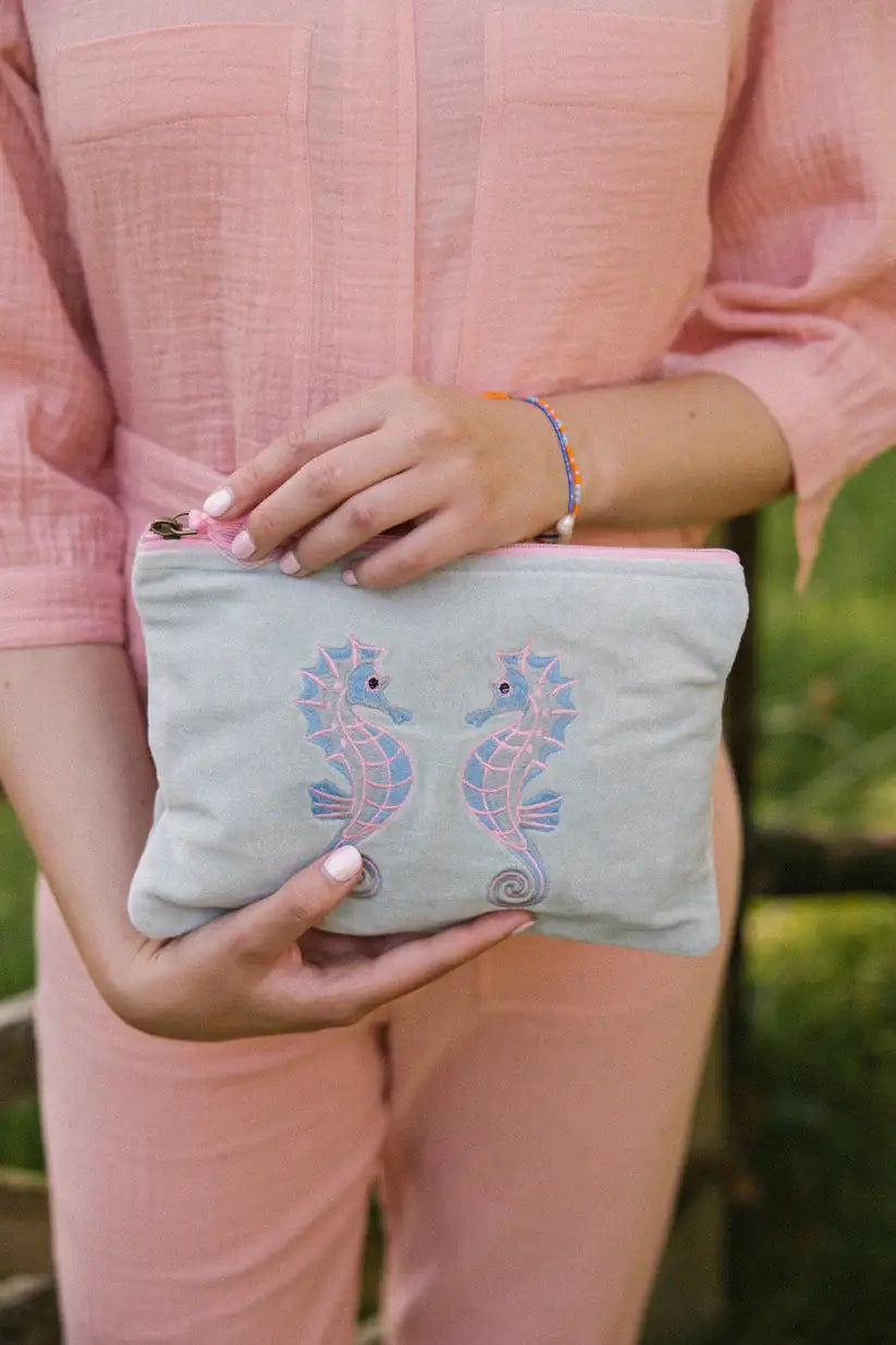 Velvet Seahorse Pouch - Pink & Blue: Small