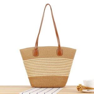 Medium Size Two-toned Stripe Paper Straw Tote Bag : Gold Stripe
