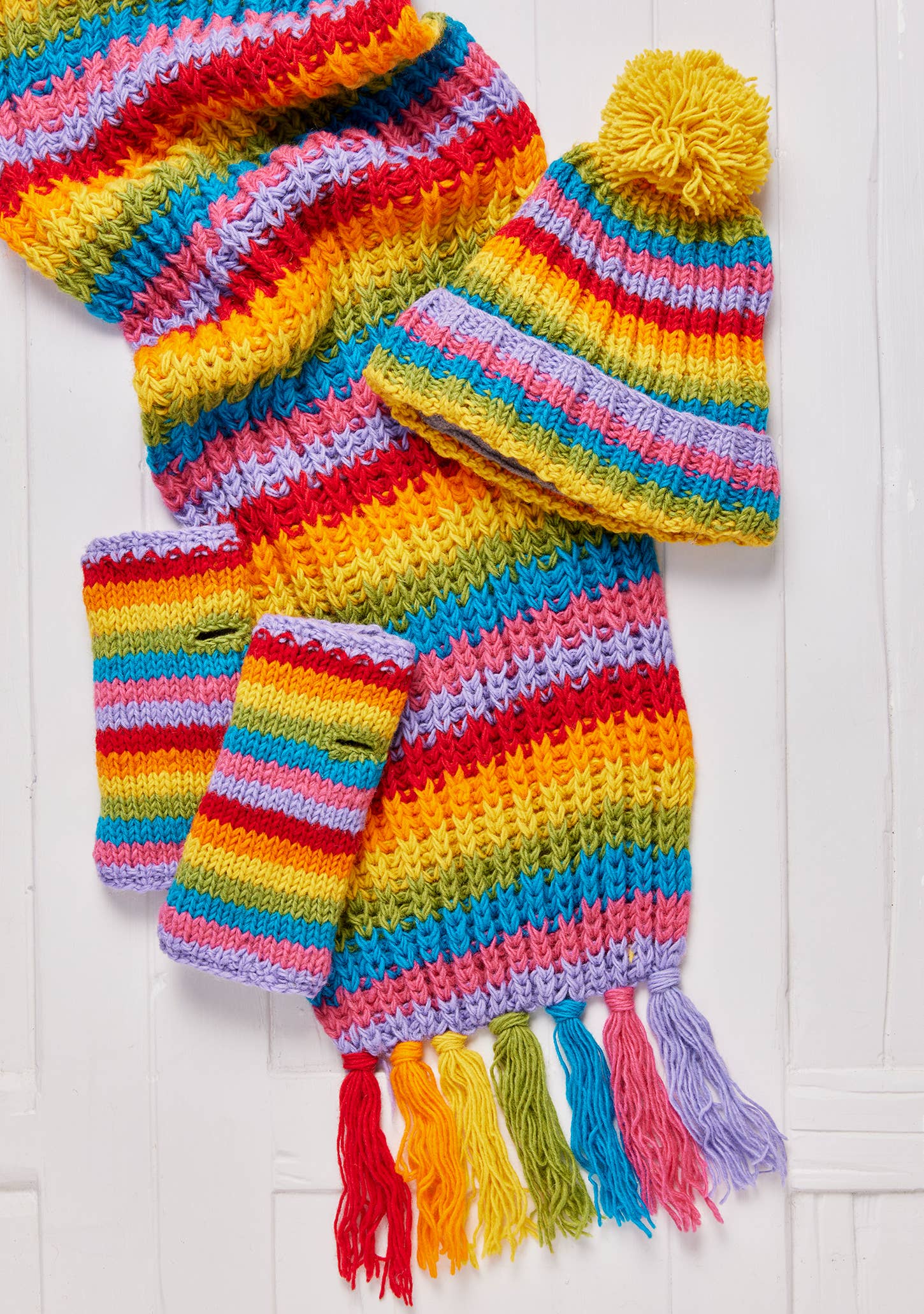 Rainbow Stripe Hand Knitted Handwarmers, fleece lined