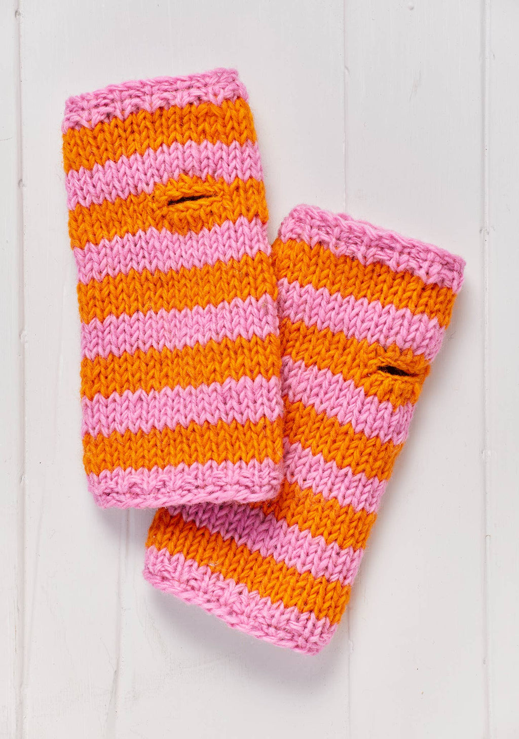 Pink Stripe Hand Knitted Handwarmers, fleece lined