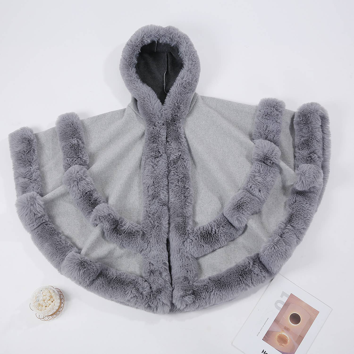 Poncho Cape with Plush Faux Fur Detailing PE378: Silver