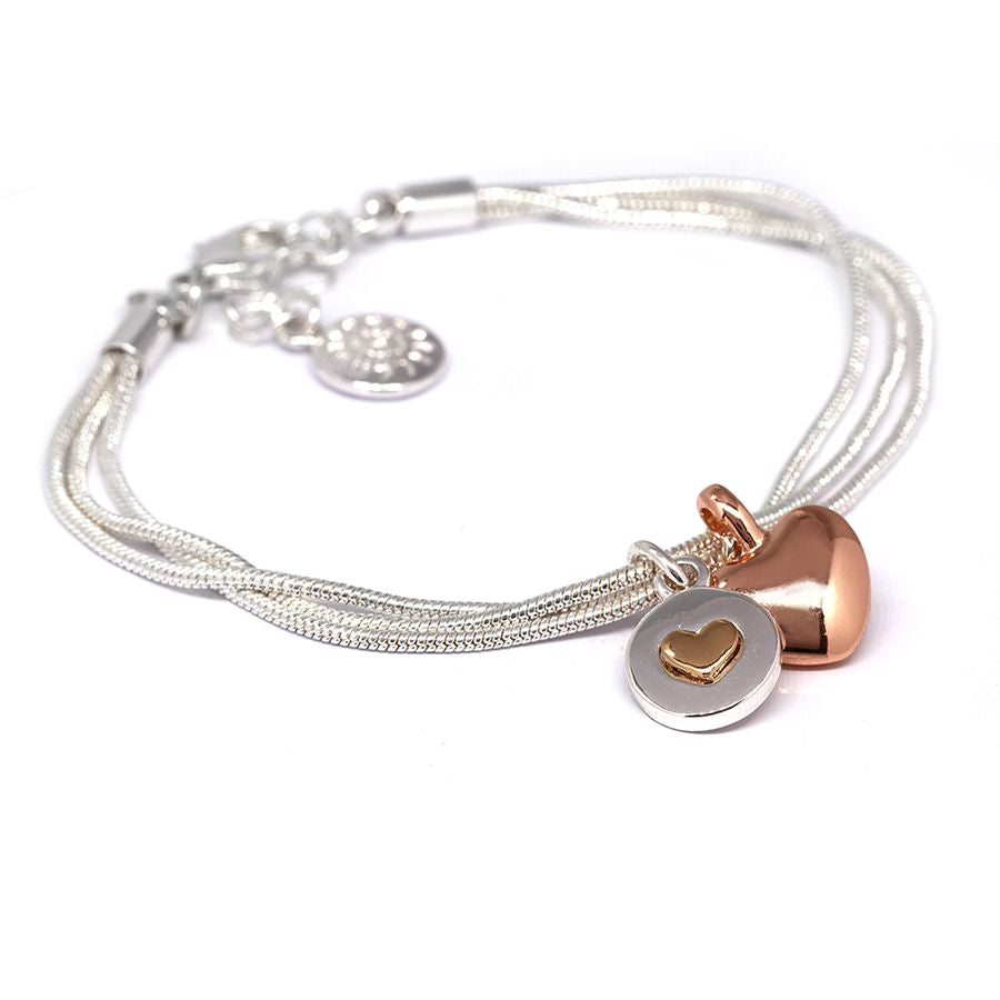 Silver plated and rose gold double heart charm bracelet 3389