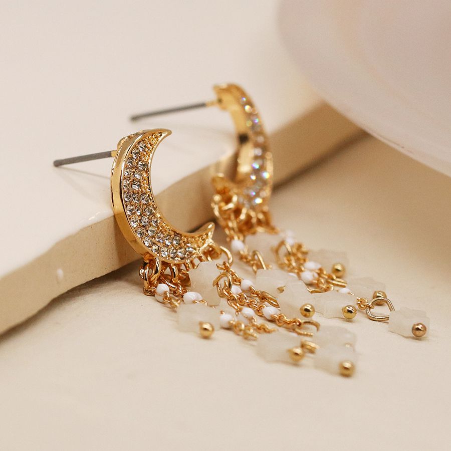Faux gold plated crystal moon and star drop earrings