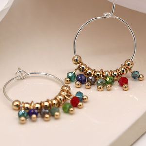 Silver plated hoop and multicoloured bead earrings