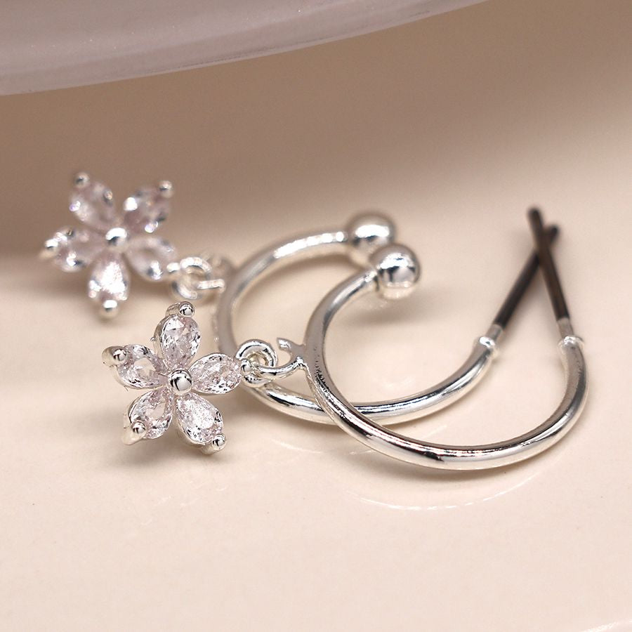 Silver plated hoop and crystal flower drop earrings