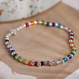 Silver plated and rainbow glass bead bracelet 3729