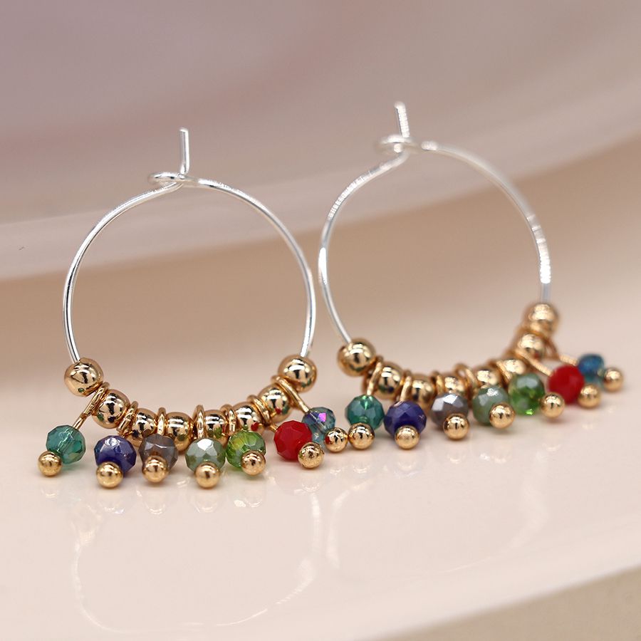 Silver plated hoop and multicoloured bead earrings 3923